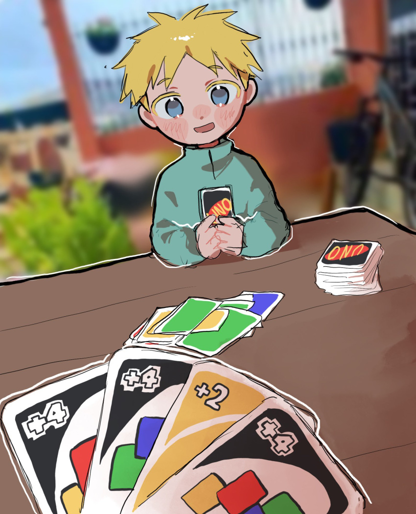 1boy bicycle blonde_hair blue_eyes blue_shirt blurry blurry_background blush_stickers butters_stotch card child depth_of_field highres holding holding_card looking_at_viewer omochisan216 open_mouth outdoors outline playing_card pov shirt smile solo south_park table turtleneck uno_(game) white_outline