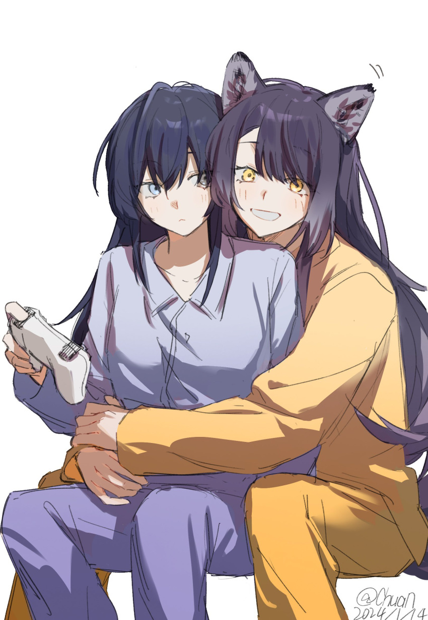 2girls animal_ears black_hair blue_eyes blue_pajamas chuanzhoujikou dog_ears highres multiple_girls nijisanji pajamas ponto_nei umise_yotsuha yellow_eyes yellow_pajamas yuri