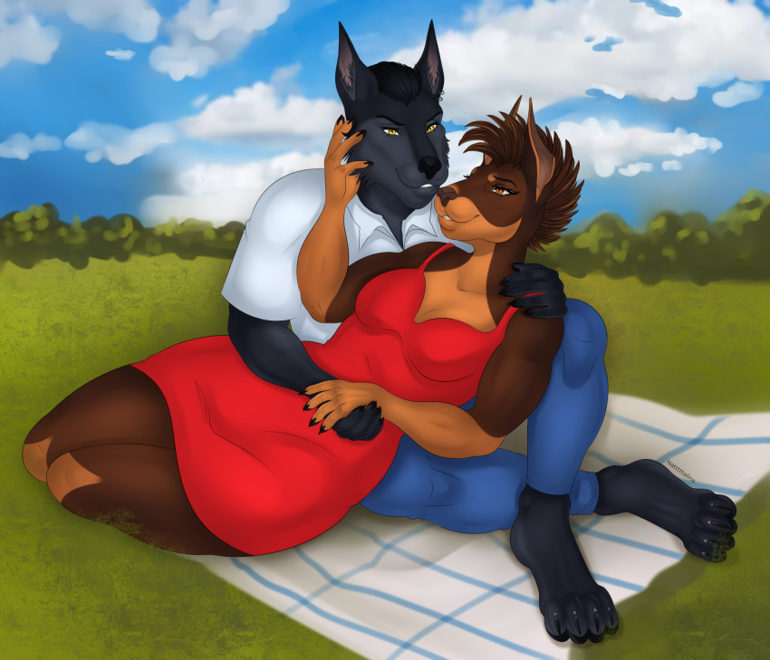2024 4_toes 5_fingers amber_eyes anthro bedding black_body black_fur blanket bottomwear breasts brown_body brown_fur canid canine canis cheek_tuft claws clothed clothing colored denim denim_bottomwear denim_clothing digital_drawing_(artwork) digital_media_(artwork) dobermann domestic_dog dress duo ear_piercing ear_ring eye_contact facial_tuft feet female fingers fur grass hand_holding hi_res holidays jeans looking_at_another male male/female mammal mohawk muscular muscular_anthro muscular_female natttttalina nuria_bernat outside pants park piercing pinscher plant polo_shirt prick_ears public ring_piercing romantic romantic_couple shirt sitting sitting_on_ground skoll_wernersson smile smiling_at_partner tail thick_thighs toes topwear tuft valentine's_day wolf yellow_eyes