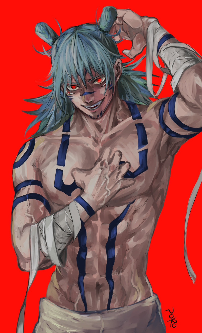 1boy alternate_eye_color alternate_form aqua_hair arm_tattoo artist_name bandaged_arm bandages blue_hair chest_tattoo double_bun evil_smile extra_eyes facial_mark facial_tattoo fangs hair_between_eyes hair_bun highres jujutsu_kaisen kashimo_hajime looking_at_viewer male_focus medium_hair muscular muscular_male pants possessed red_background rei_(poro06625649) ryoumen_sukuna_(jujutsu_kaisen) shoulder_tattoo simple_background smile solo stomach_tattoo tattoo teeth white_pants