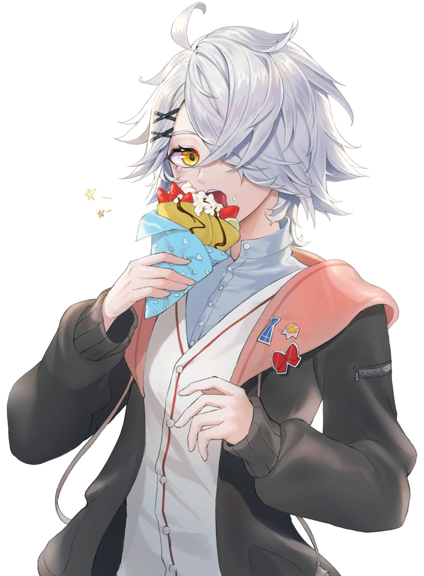 1other absurdres androgynous black_jacket eating food forever_7th_capital fruit grey_shirt hair_over_one_eye highres holding holding_food ice_cream_crepe jacket long_sleeves looking_at_viewer lumeru_33 one_eye_covered open_mouth shirt simple_background solo strawberry vest white_background white_hair white_vest yellow_eyes
