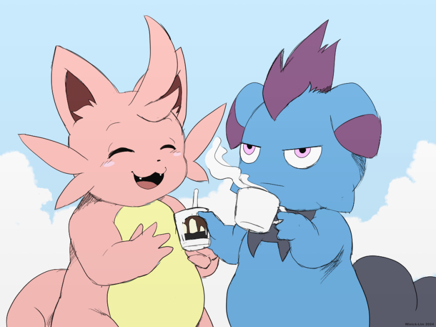 2024 ambiguous_gender anthro artist_name beverage blue_body cattiva container cup day depresso detailed_background duo happy hi_res holding_container holding_cup holding_object outside pal_(species) palworld pink_body pocketpair sky standing winick-lim