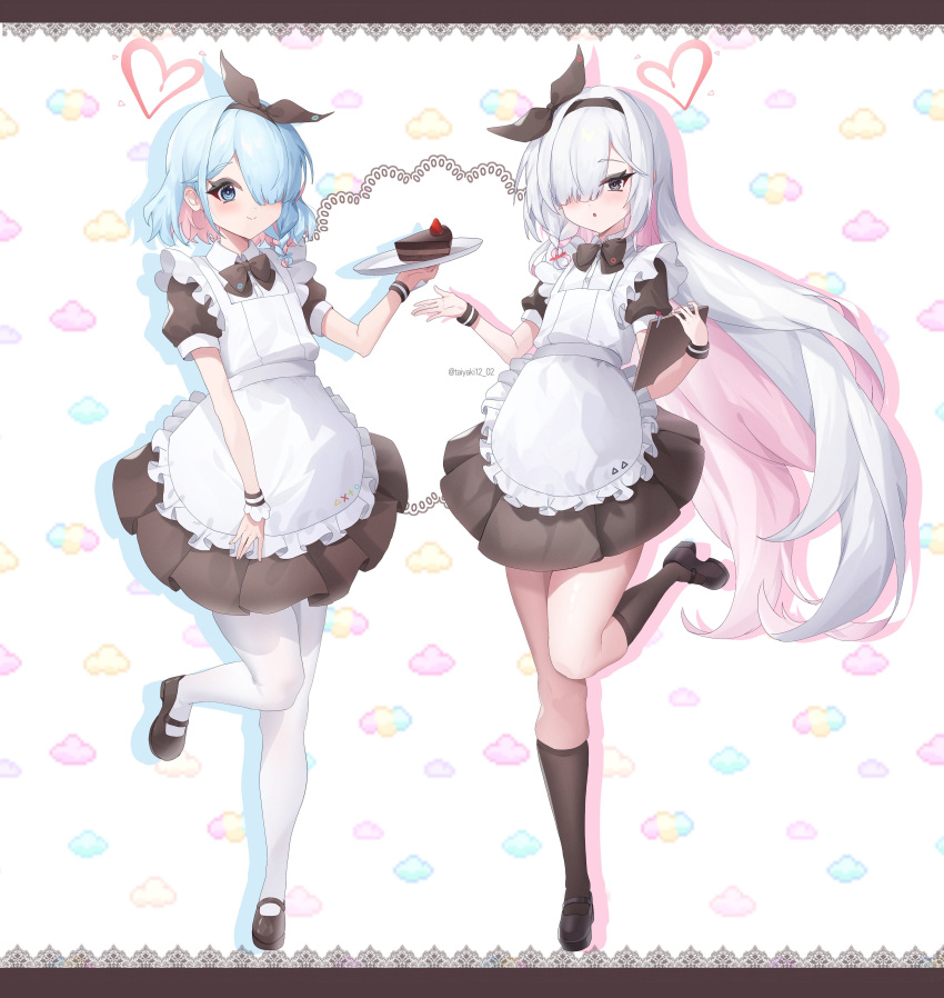 2girls :o absurdres alternate_costume apron arona_(blue_archive) black_bow black_bowtie black_eyes black_footwear black_hairband black_ribbon black_skirt black_socks black_wrist_cuffs blue_archive blue_eyes blue_hair blush border bow bowtie braid brown_border cake cake_slice closed_mouth collared_shirt colored_inner_hair commentary drop_shadow english_commentary enmaided floating_hair food frilled_apron frills full_body grey_background grey_hair hair_over_one_eye hair_ribbon hairband hands_up heart highres holding holding_notepad holding_tray kneehighs long_hair looking_at_viewer maid maid_apron mary_janes multicolored_hair multiple_girls notepad one_eye_covered open_mouth pantyhose pink_hair plana_(blue_archive) pleated_skirt puffy_short_sleeves puffy_sleeves red_pupils ribbon shirt shoes short_hair short_sleeves side-by-side simple_background single_braid skirt smile socks standing standing_on_one_leg taiyaki12 thighs tray twitter_username very_long_hair white_apron white_background white_pantyhose white_shirt wrist_cuffs