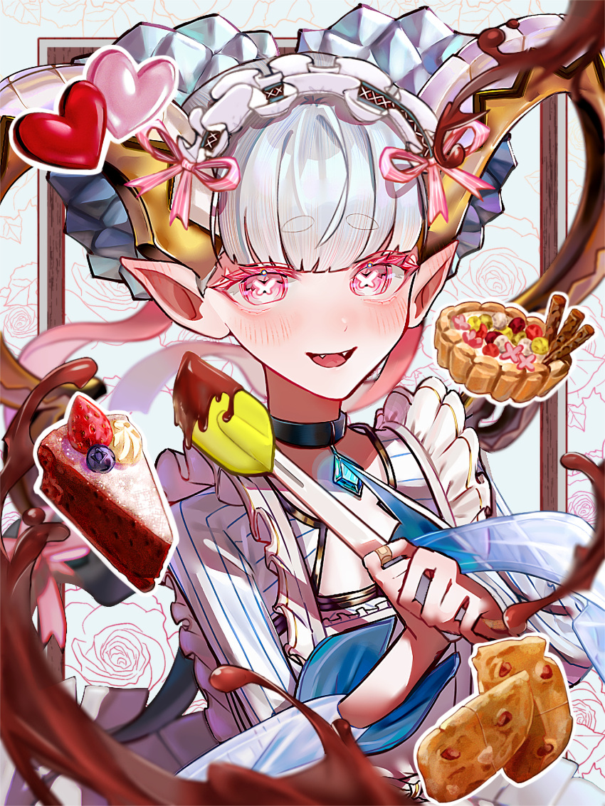1girl apron aqua_hair blush braid braided_bun breasts cake candy chocolate choker curled_horns double_bun dress fate/grand_order fate_(series) food hair_bun heart heart-shaped_chocolate highres horns huo_ting jewelry larva_tiamat_(fate) larva_tiamat_(first_ascension)_(fate) long_hair long_horns long_sleeves looking_at_viewer maid_headdress open_mouth pastry pendant pink_eyes pointy_ears ribbed_dress small_breasts smile solo spatula symbol-shaped_pupils tiamat_(fate) white_apron white_dress
