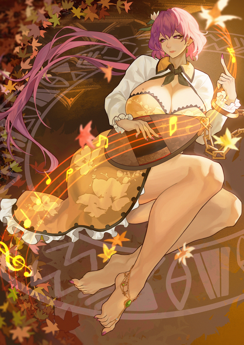1girl 51447134 absurdres adapted_costume barefoot biwa_lute black_bow black_bowtie bow bowtie breasts chain dress earrings floral_print flower frilled_dress frilled_sleeves frills hair_flower hair_ornament highres instrument jewelry large_breasts leaf long_hair long_sleeves lute_(instrument) maple_leaf mole mole_on_breast music musical_note nail_polish playing_instrument ponytail purple_eyes purple_hair solo touhou tsukumo_benben very_long_hair