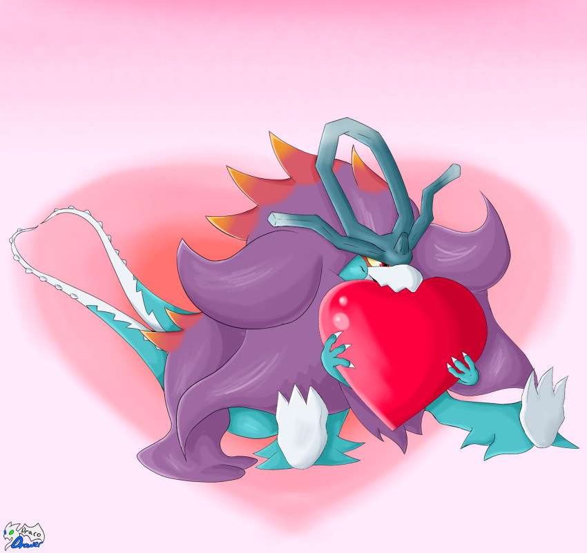 &lt;3 absurd_res ambiguous_gender ancient_pokemon anthro blue_body claws dracodrawer dragon eating feral fur generation_9_pokemon hair heart_background hi_res holding_object holidays horn multi_tail nintendo paradox_pokemon pink_background pokemon pokemon_(species) purple_hair red_eyes red_heart reptile scalie shaded signature simple_background sitting smile solo tail text valentine's_day walking_wake