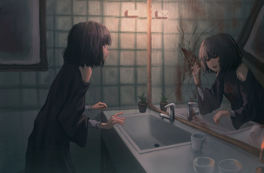 2girls absurdres bathroom black_dress blood blood_on_clothes blood_on_face blood_on_hands blue_eyes blunt_bangs blunt_ends broken_mirror candle candlestand clothing_cutout cup doppelganger dot_nose dress fire glass highres indoors kyano_(kyanora3141) light_particles long_sleeves medium_hair mirror mug multiple_girls original out_of_frame plant potted_plant red_eyes reflection scared shoulder_cutout sink smile standing teeth tile_wall tiles turtleneck upper_teeth_only