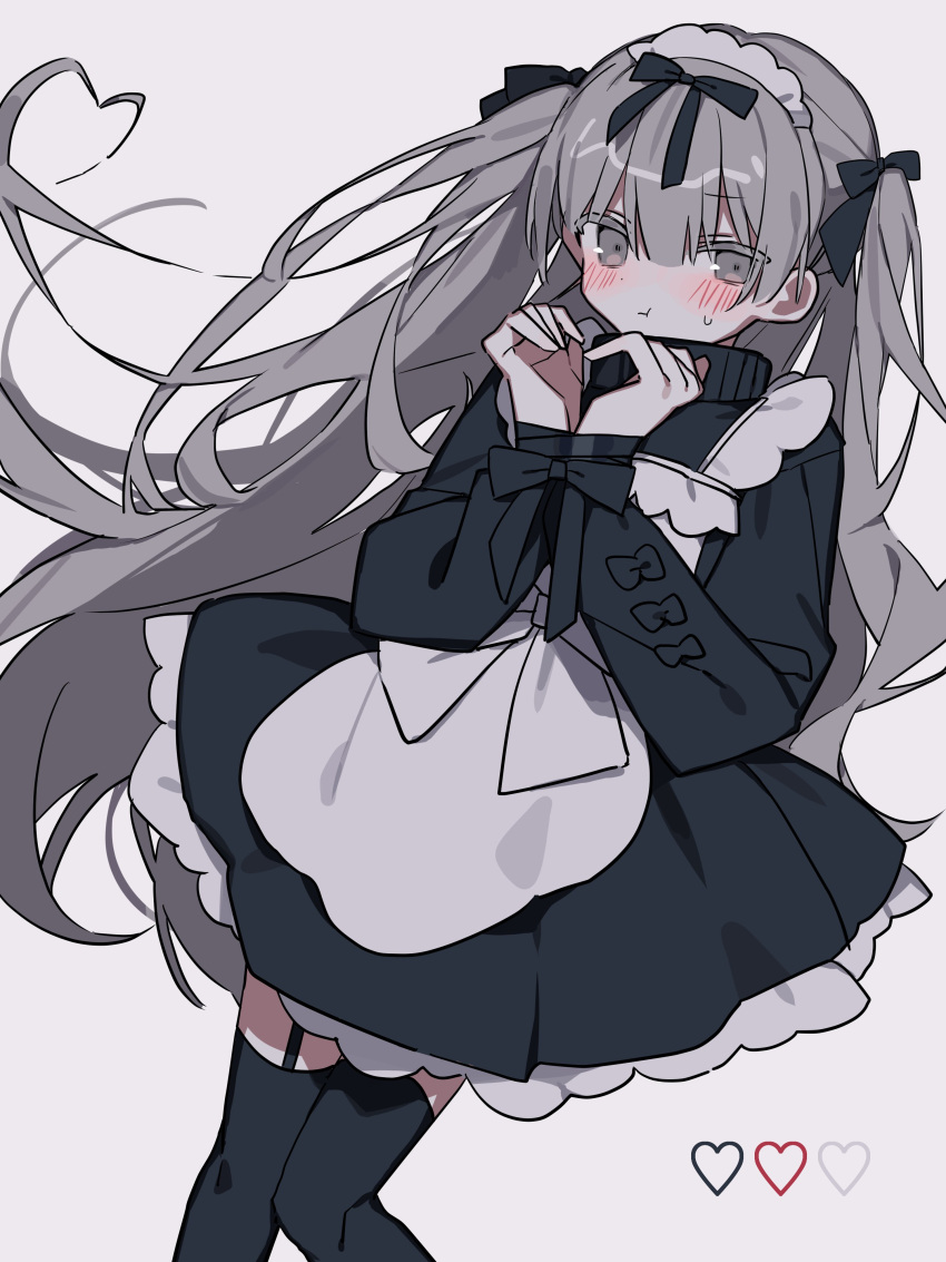 1girl :t absurdres ameno_(motiizamurai) apron black_bow black_jacket black_ribbon black_skirt black_thighhighs blush bow closed_mouth collared_jacket commentary dutch_angle feet_out_of_frame floating_hair frilled_apron frills garter_straps grey_eyes grey_hair hair_between_eyes hair_bow hair_ribbon heart heart_hair heart_hands highres jacket jersey_maid long_hair long_sleeves looking_at_viewer maid maid_headdress original petticoat pleated_skirt pout ribbon sidelocks simple_background skirt solo sweatdrop symbol-only_commentary thighhighs track_jacket twintails unconventional_maid very_long_hair white_apron white_background