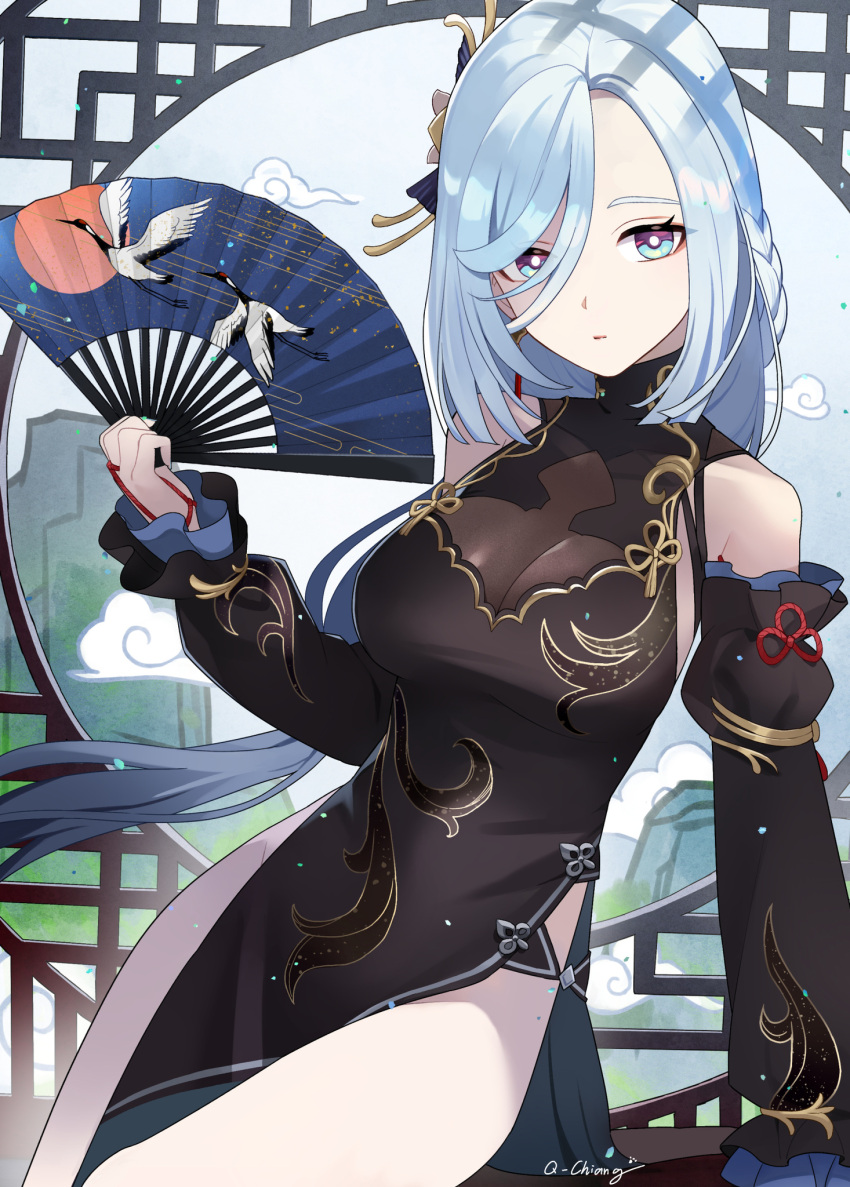 1girl black_dress blue_eyes blue_hair breasts china_dress chinese_clothes cleavage crane_print detached_sleeves dress genshin_impact hair_ornament hand_fan highres large_breasts long_hair looking_at_viewer pelvic_curtain q-chiang see-through see-through_cleavage shenhe_(frostflower_dew)_(genshin_impact) shenhe_(genshin_impact) side_slit sleeveless sleeveless_dress solo very_long_hair