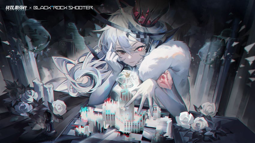 1girl black_rock_shooter character_request chess_piece copyright_name crossover crown elbow_gloves flower gloves hair_between_eyes highres logo long_hair official_art punishing:_gray_raven red_eyes second-party_source smile symbol-shaped_pupils white_flower white_hair