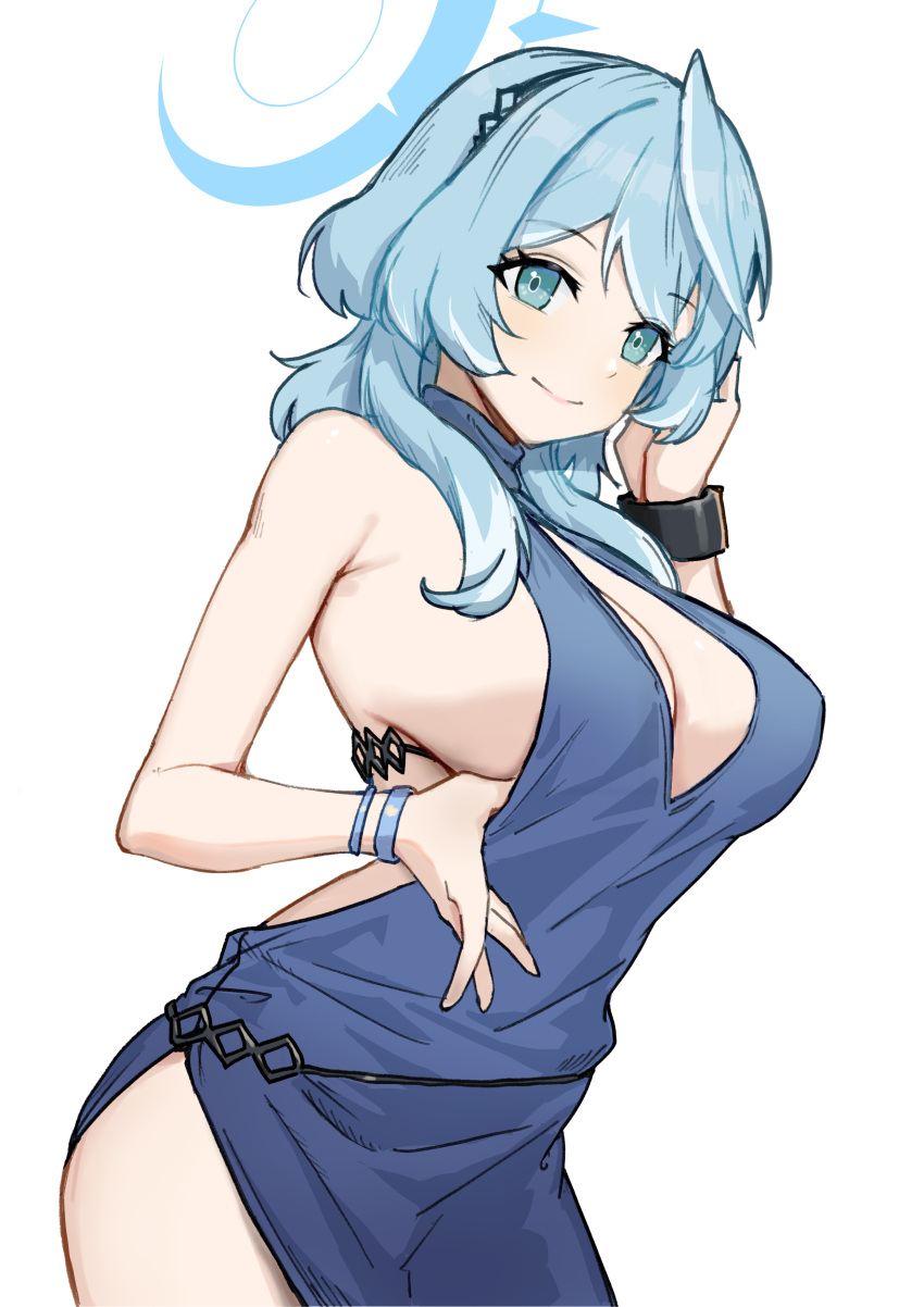 1girl absurdres ako_(blue_archive) ako_(dress)_(blue_archive) arashi_(alais) backless_dress backless_outfit bare_shoulders blue_archive blue_dress blue_eyes blue_hair blue_halo breasts closed_mouth cowboy_shot dress evening_gown hairband halo highres jewelry large_breasts long_hair looking_at_viewer official_alternate_costume plunging_neckline sideboob sideless_dress simple_background sleeveless sleeveless_dress smile solo standing white_background