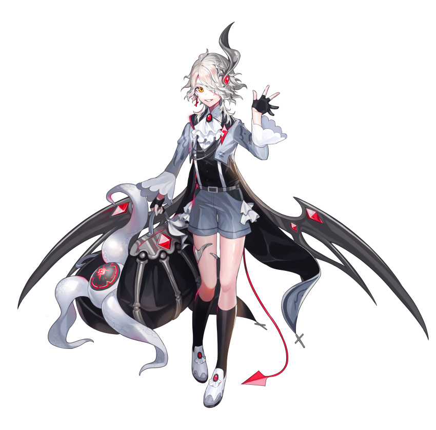 1other absurdres androgynous ascot black_gloves black_socks black_vest demon_tail forever_7th_capital full_body gloves grey_hair grey_shorts grin highres holding long_sleeves lumeru_33 partially_fingerless_gloves shoes short_shorts shorts simple_background smile socks solo suspender_shorts suspenders tail vest white_ascot white_background white_footwear wings yellow_eyes