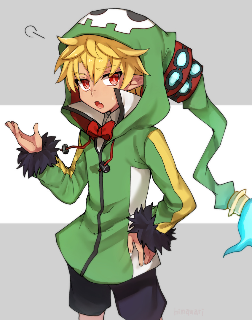 1boy black_shorts blonde_hair bow bowtie child demon_boy disgaea emizel_(disgaea) fingernails fire green_hoodie hair_between_eyes hand_on_own_hip high_collar highres himawari_(kawaisounaedesu) hood hoodie long_sleeves makai_senki_disgaea_4 male_focus open_mouth pointy_ears red_bow red_bowtie red_eyes shorts solo