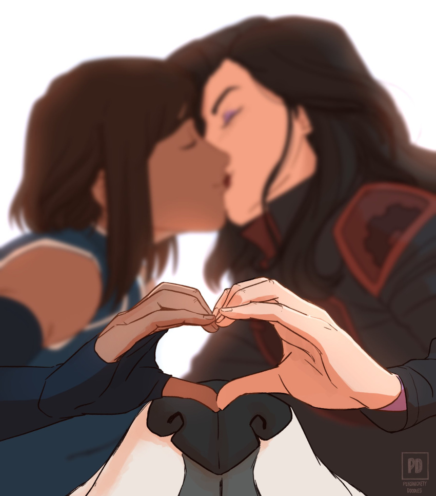 2girls avatar_legends brown_hair closed_eyes dark-skinned_female dark_skin heart heart_hands heart_hands_duo highres kiss korra multiple_girls persnickety the_legend_of_korra yuri