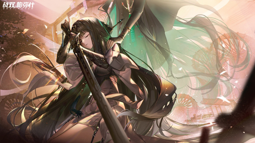 1girl china_dress chinese_clothes closed_eyes copyright_name dress green_nails hair_ornament hand_on_another's_shoulder highres holding holding_sword holding_weapon logo nail_polish official_art punishing:_gray_raven qu_(punishing:_gray_raven) second-party_source sword weapon