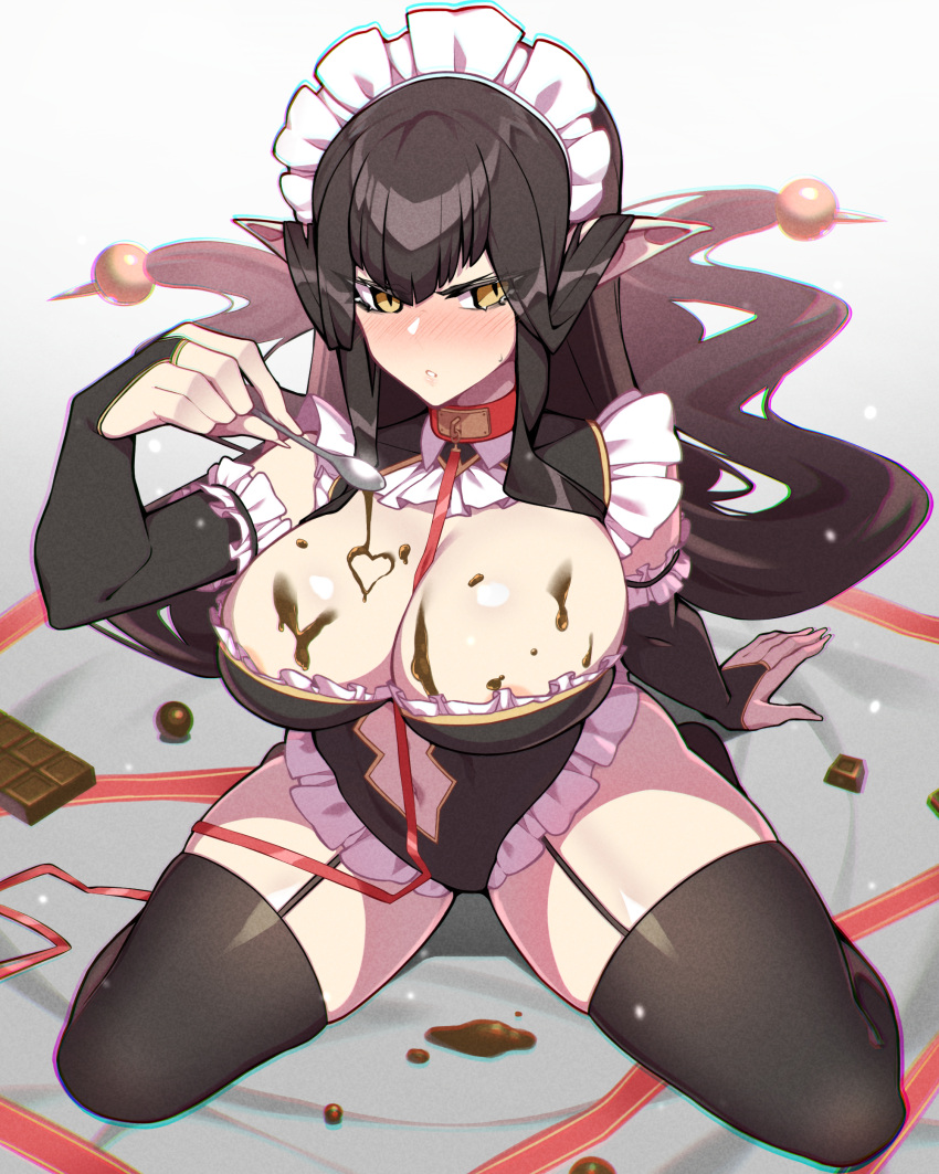 1girl absurdres bare_shoulders black_leotard black_thighhighs blush breasts bridal_gauntlets brown_hair chocolate cleavage cleavage_cutout clothing_cutout detached_sleeves fate/apocrypha fate/grand_order fate_(series) frills highres hyperbudd large_breasts leotard long_hair looking_at_viewer maid_headdress navel navel_cutout pointy_ears semiramis_(fate) sidelocks sitting solo spoon thighhighs thighs very_long_hair wariza yellow_eyes