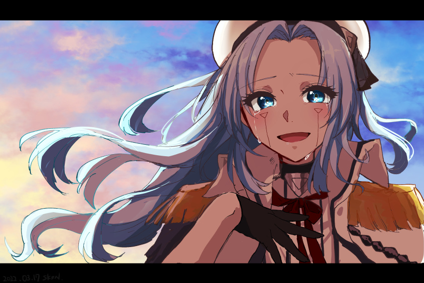 1girl black_gloves blue_eyes blue_hair character_request cloud crying crying_with_eyes_open gloves high_collar highres letterboxed long_hair open_mouth outdoors parted_bangs red_ribbon ribbon sakusan_yousoeki shangri-la_frontier smile tears upper_body white_headwear