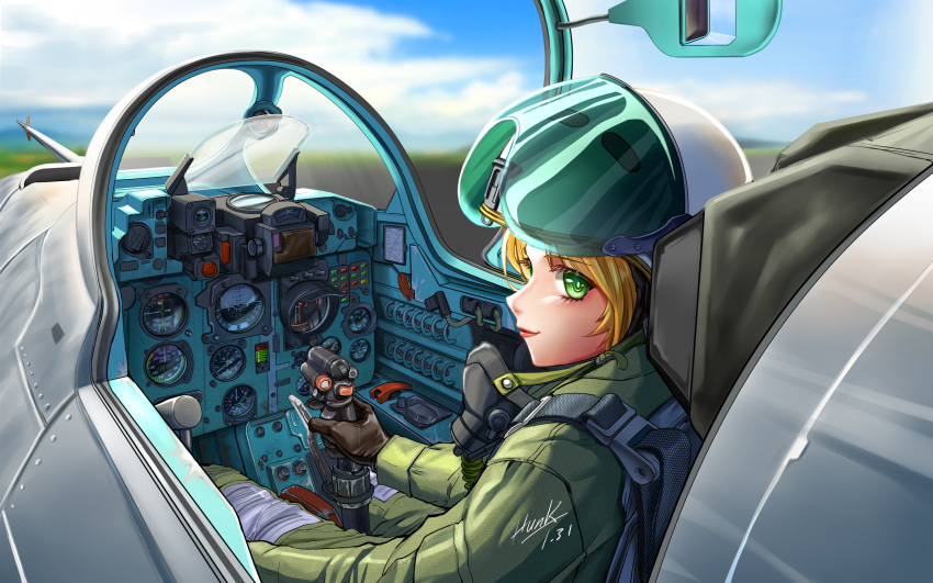 1girl absurdres aircraft airplane blonde_hair cockpit controller green_eyes green_jumpsuit gunsight highres holding holding_stick hunk03 jet joystick jumpsuit looking_at_viewer mask on_chair open_cockpit oxygen_mask pilot pilot_helmet pilot_suit sideways_glance sitting stick su-25 unworn_mask war_thunder