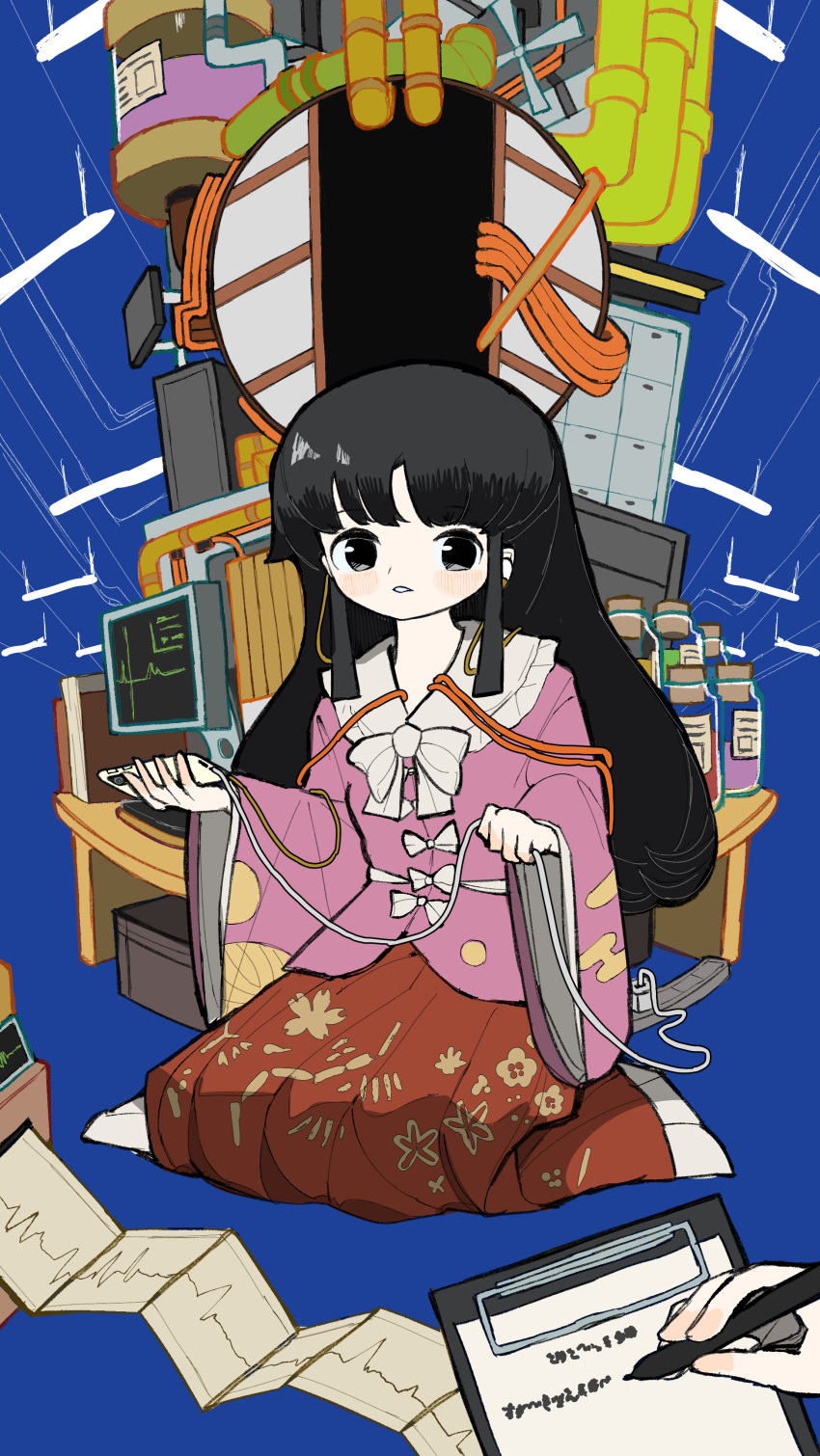 1girl 1other absurdres black_eyes black_hair blue_background bow bowtie cable cellphone charging_device clipboard commission earbuds earphones full_body graph highres holding holding_phone houraisan_kaguya industrial_pipe jar laboratory light_blush long_hair long_skirt long_sleeves looking_at_viewer monitor neruzou parted_lips pen phone pink_shirt pixiv_commission pleated_skirt print_skirt red_skirt seiza shirt sitting skirt smartphone solo_focus touhou white_bow white_bowtie wide_sleeves