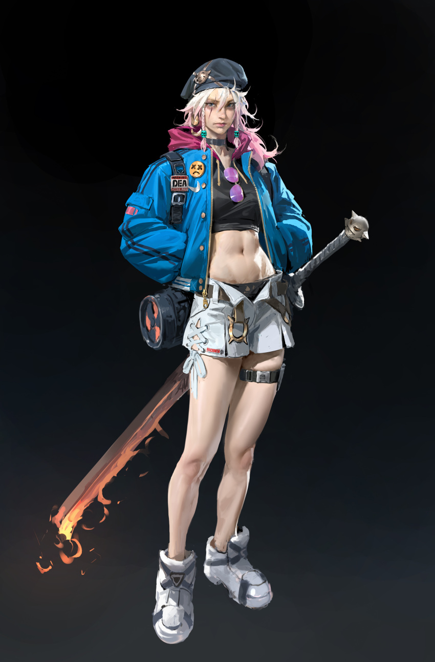 1girl absurdres black_background black_choker black_headwear black_tank_top blue_jacket breasts choker eyewear_hang full_body gradient_background gradient_hair hands_in_pockets highres jacket multicolored_hair navel open_clothes open_jacket original scar scar_across_eye shoes shorts small_breasts sneakers standing sword tank_top thigh_strap unworn_eyewear vergilhoo weapon white_footwear white_shorts