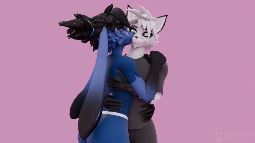 3d_(artwork) anthro black_body black_bottomwear black_clothing black_fur black_hair black_pants black_shirt black_topwear blender_(software) blender_cycles blue_body blue_clothing blue_fur blue_leggings blue_legwear blue_shirt blue_topwear bottomwear canid canine canis cheek_tuft clothing digital_media_(artwork) domi_(domibun) duo embrace eyes_closed facial_tuft female fox fur hair hi_res holidays hug kissing kissing_cheek lagomorph lagomorph_dude leggings legwear leo_(domibun) leporid male male/female mammal pants pink_background rabbit shirt simple_background smile topwear tuft valentine's_day warfare_machine watermark white_body white_fur white_hair