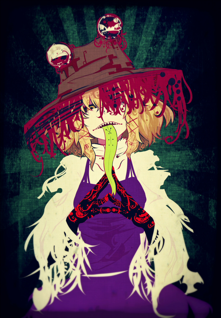 1girl absurdres black_sclera blonde_hair blood blood_on_clothes blood_on_face blood_splatter blood_stain bow brown_headwear colored_sclera colored_skin colored_tongue extra_eyes green_background green_tongue hair_bow hat hat_ornament highres looking_at_viewer medium_hair moriya_suwako one_eye_covered open_mouth purple_skirt purple_vest red_bow sharp_teeth shirt skirt tabazi teeth tongue tongue_out torn_clothes torn_shirt torn_sleeves touhou turtleneck upper_teeth_only vest white_shirt yellow_eyes