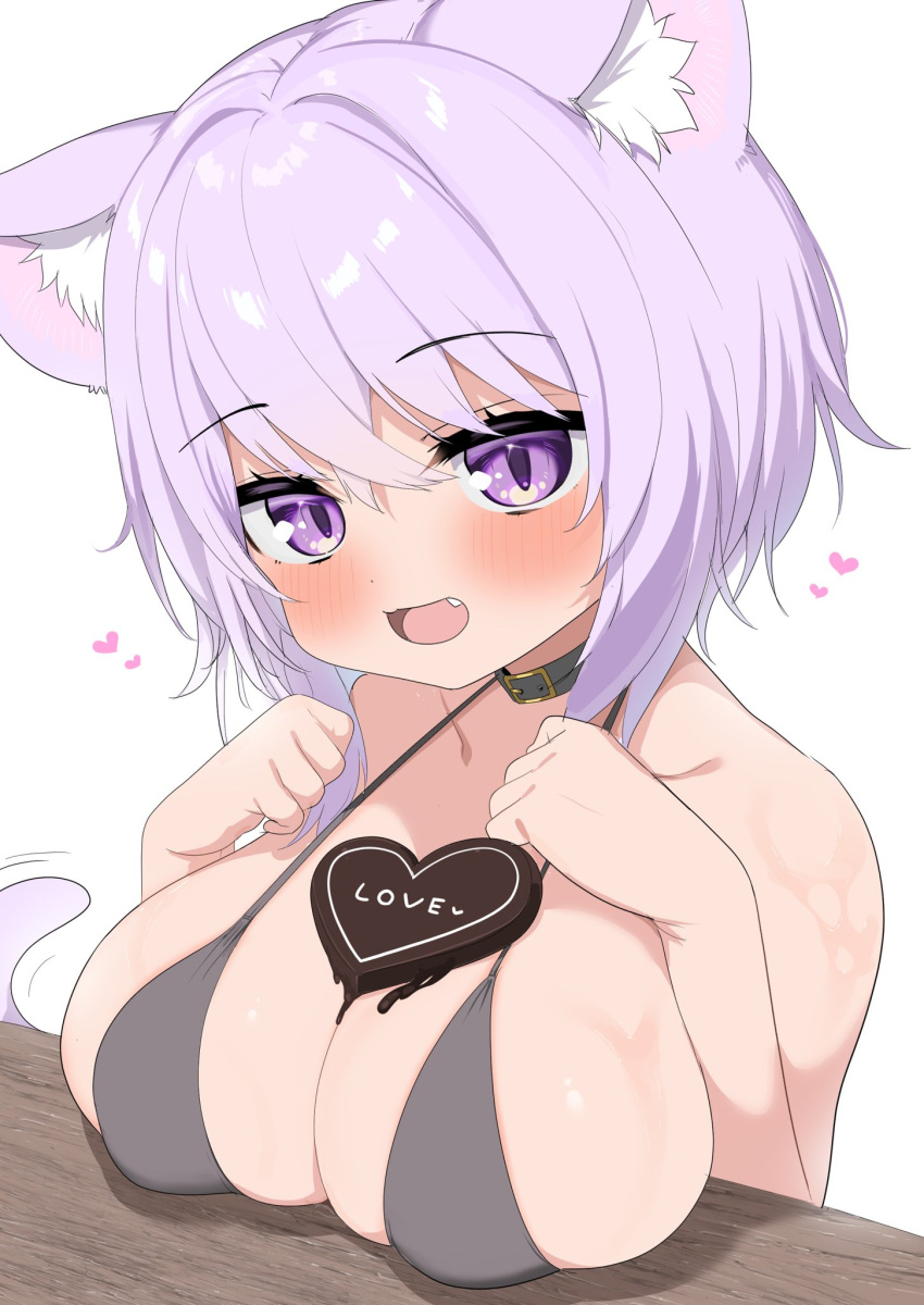 1girl ahoge animal_ear_fluff animal_ears blush breasts candy cat_ears cat_girl cat_tail chocolate chocolate_on_body chocolate_on_breasts collar english_text fang food food_between_breasts food_on_body hair_between_eyes heart heart-shaped_chocolate highres hololive large_breasts looking_at_viewer melting nekomata_okayu open_mouth purple_eyes purple_hair ransusan short_hair smile solo tail valentine virtual_youtuber