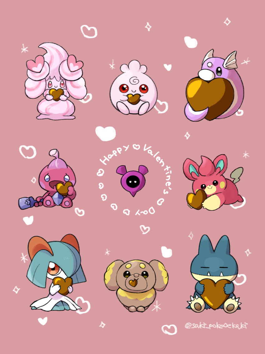 alcremie alternate_color artist_name closed_eyes closed_mouth colored_skin commentary_request dog dratini fangs fidough forehead_jewel green_hair happy_valentine head_wings heart highres igglybuff kirlia munchlax no_humans pawmi pecharunt pokemon pokemon_(creature) red_background red_eyes saki_pokeoekaki shiny_pokemon simple_background sitting snake tinkatink twitter_username white_skin wings