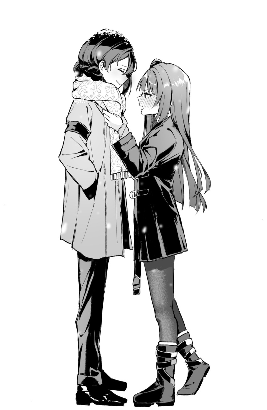 2girls adjusting_another's_clothes blush boots braid closed_eyes female_commander_(girls'_frontline) french_braid from_side full_body girls'_frontline harafrontline height_difference highres long_hair monochrome multiple_girls open_mouth pants pantyhose scarf shoes short_hair wa2000_(girls'_frontline) white_background