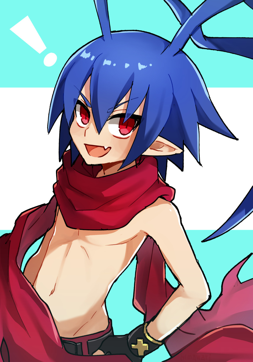 ! 1boy absurdres antenna_hair blue_hair demon_boy disgaea disgaea_d2 fingerless_gloves gloves highres himawari_(kawaisounaedesu) laharl looking_at_viewer navel open_mouth pointy_ears red_eyes red_scarf scarf smile solo topless_male