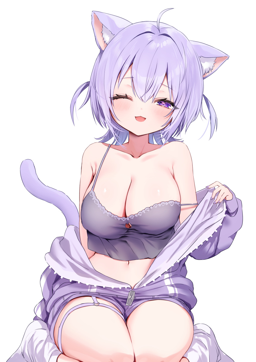 1girl absurdres ahoge animal_ear_fluff animal_ears breasts cat_ears cat_girl cat_tail cleavage commentary_request highres hololive ineka_ka jacket large_breasts looking_at_viewer medium_hair navel nekomata_okayu nekomata_okayu_(7th_costume) official_alternate_costume open_mouth partially_unzipped purple_eyes purple_hair purple_jacket purple_nails purple_shirt purple_shorts shirt shorts simple_background solo symbol_in_eye tail virtual_youtuber white_background