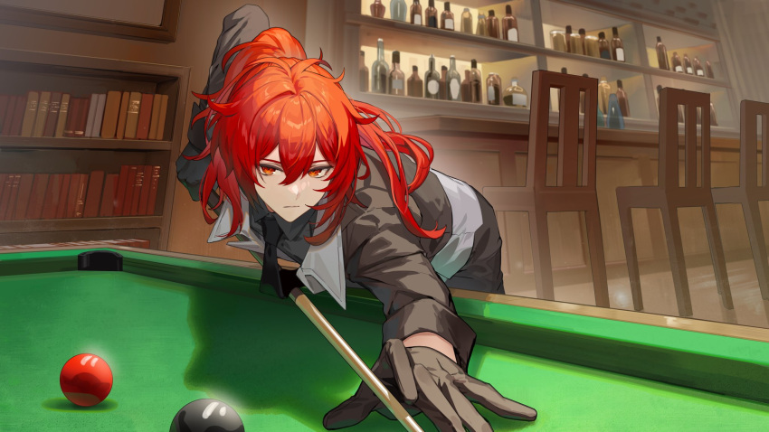 1boy artist_request ball billiard_ball black_gloves black_necktie black_shirt chair commentary_request diluc_(genshin_impact) genshin_impact gloves highres holding_cue_stick male_focus necktie pool_table red_hair second-party_source shirt solo table