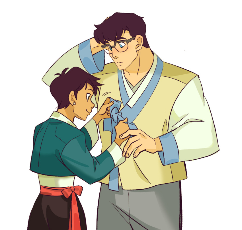 1boy 1girl arm_behind_head black-framed_eyewear black_hair blue_eyes brown_eyes clark_kent dc_comics dressing_another earrings glasses hanbok highres jeogori_(clothes) jewelry korean_clothes lois_lane my_adventures_with_superman short_hair smile ssinaeganda7 stud_earrings superman_(series)