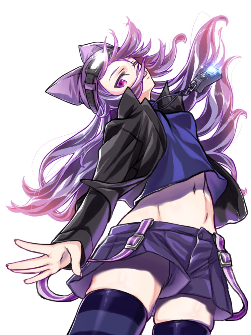 1girl black_jacket black_shorts digimon digimon_story:_cyber_sleuth digimon_story:_sunburst_and_moonlight digivice digivice_ic gerusyu goggles goggles_on_head hat highres jacket long_hair looking_at_viewer navel purple_eyes purple_hair sayo_(digimon) shorts skirt solo