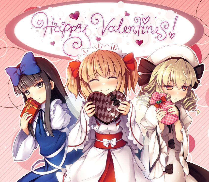 3girls ^_^ beret black_bow black_hair black_ribbon blonde_hair blue_bow blue_dress blunt_bangs blush bow box chima_q closed_eyes cowboy_shot dress drill_hair embarrassed facing_viewer fairy fairy_wings gift gift_bag grey_eyes hair_bow hair_ribbon happy_valentine hat headdress heart heart-shaped_box highres hime_cut holding holding_box holding_gift juliet_sleeves lace lace-trimmed_dress lace_trim long_hair long_sleeves looking_at_viewer luna_child multiple_girls neck_ribbon orange_eyes orange_hair outline photoshop_(medium) pink_background puffy_sleeves red_bow red_hair red_sash ribbon sash shirt short_hair smile star_sapphire striped_background sunny_milk take_your_pick touhou two_side_up valentine white_bow white_dress white_headwear white_outline white_sash white_shirt wide_sleeves wings