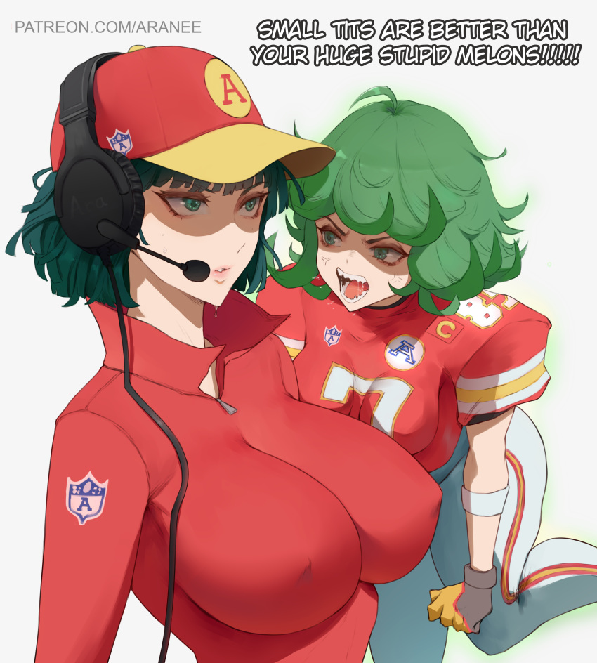 2girls absurdres american_football_uniform andy_reid angry araneesama breast_envy breasts cable clenched_hand commentary covered_nipples english_commentary english_text fubuki_(one-punch_man) gloves green_hair headset height_difference highres kansas_city_chiefs large_breasts mature_female medium_breasts multiple_girls one-punch_man open_mouth parody patreon_username sharp_teeth shoulder_pads skin_tight sportswear tatsumaki teeth travis_kelce white_background zipper_pull_tab