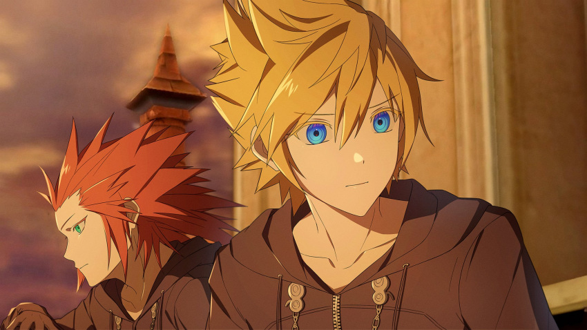 2boys axel_(kingdom_hearts) black_gloves black_robe blonde_hair blue_eyes blurry blurry_background clock clock_tower closed_mouth collarbone derivative_work gloves gongju_s2 green_eyes hair_between_eyes hair_slicked_back highres hood hood_down hooded_robe kingdom_hearts kingdom_hearts_ii male_focus medium_hair multiple_boys red_hair robe roxas screencap_redraw short_hair sideburns sitting spiked_hair tower upper_body