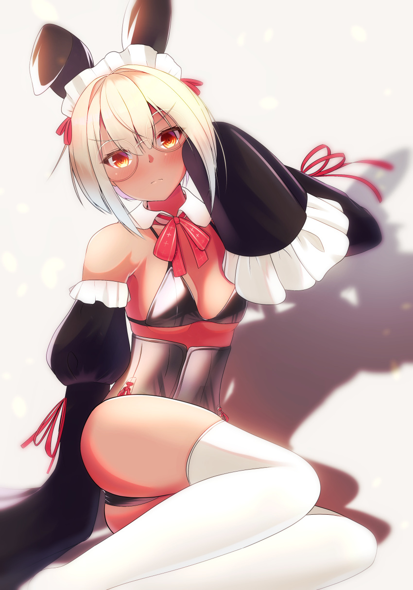 1girl absurdres adapted_costume animal_ears azur_lane blonde_hair dark-skinned_female dark_skin detached_collar detached_sleeves enterprise_(hms)_(azur_lane) fake_animal_ears frilled_sleeves frills glasses highres maid maid_headdress neck_ribbon playboy_bunny rabbit_ears ribbon short_hair sitting sleeves_past_wrists tako-san_wiener_(takosanuma) thighhighs white_thighhighs yellow_eyes yokozuwari