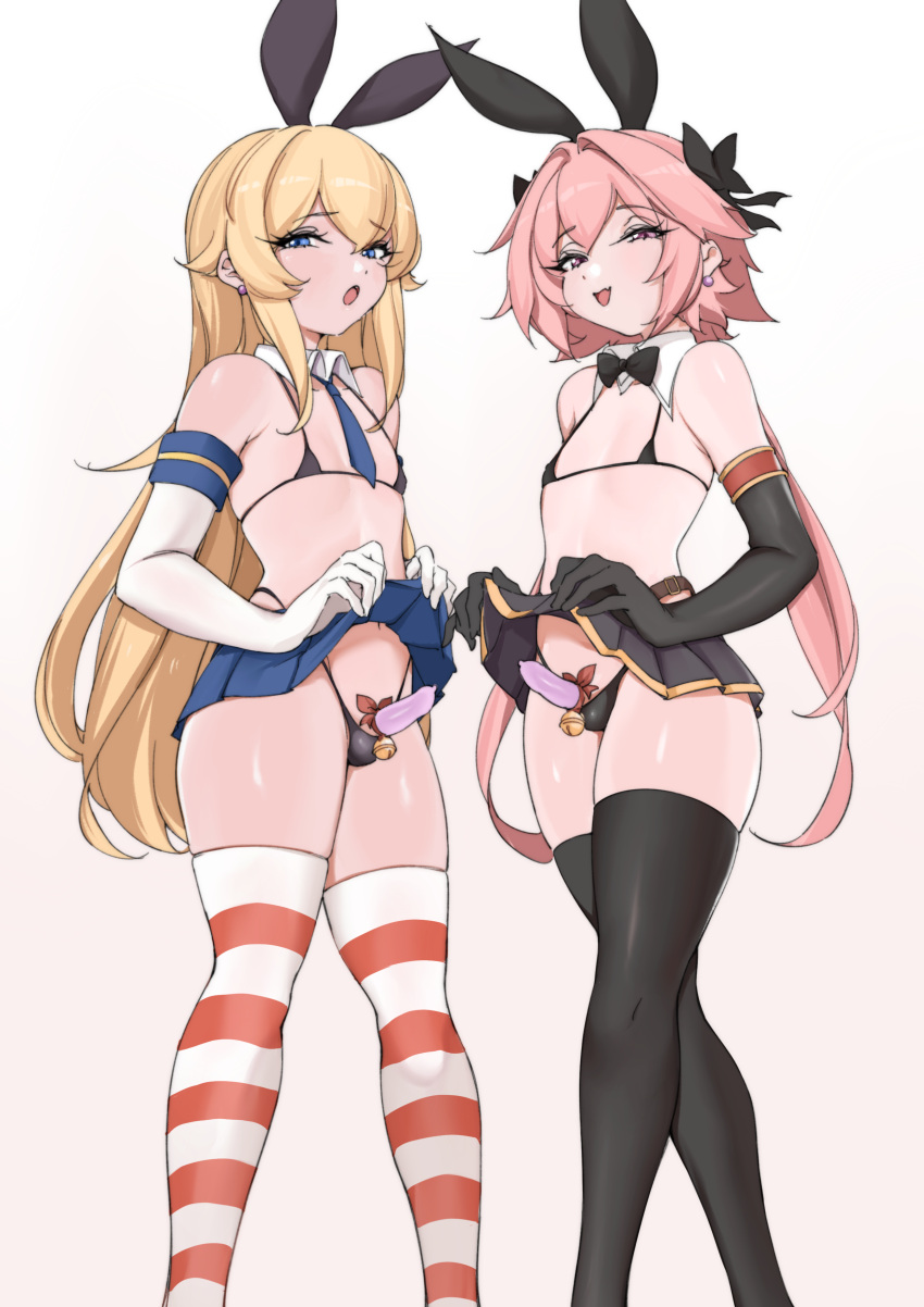 2boys :d :o absurdres animal_ears astolfo_(fate) bangs bare_shoulders bell bikini black_bikini black_bow black_bowtie black_gloves black_skirt black_thighhighs blonde_hair blue_eyes blue_necktie bow bowtie clothes_lift condom crossdressing crossover earrings elbow_gloves fake_animal_ears fate/grand_order fate_(series) gloves headband highres jewelry jingle_bell kantai_collection lamsass lifted_by_self long_hair looking_at_viewer multiple_boys necktie otoko_no_ko penis pink_eyes pink_hair rabbit_ears red_thighhighs shimakaze-kun shimakaze_(kancolle) simple_background skirt skirt_lift small_penis smile striped striped_legwear swimsuit thighhighs white_background white_gloves white_thighhighs