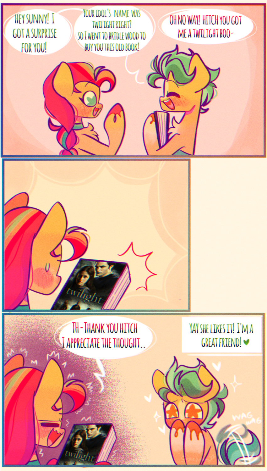 bella_swan book edward_cullen english_text female hasbro hi_res hitch_trailblazer_(mlp) male mlp_g5 my_little_pony sockiepuppetry sunny_starscout_(mlp) tail_motion tailwag text twilight_(series)