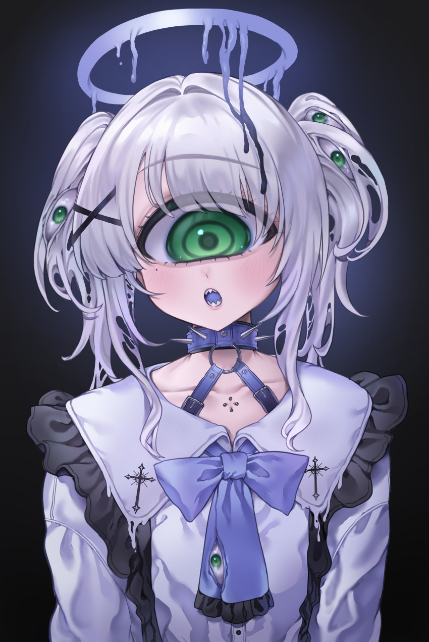 1girl :o absurdres azen_(mntimcczgrtn) bangs blue_tongue blush clip collar collarbone_piercing collared_shirt colored_tongue cross cyclops extra_eyes frilled_shirt frills green_eyes hair_intakes hair_ornament halo harness highres liquid_hair liquid_halo long_hair looking_at_viewer mole mole_under_eye monster_girl neck_ribbon o-ring one-eyed original ribbon sharp_teeth shirt slime_(substance) solo spiked_collar spikes teeth twintails white_hair x_hair_ornament