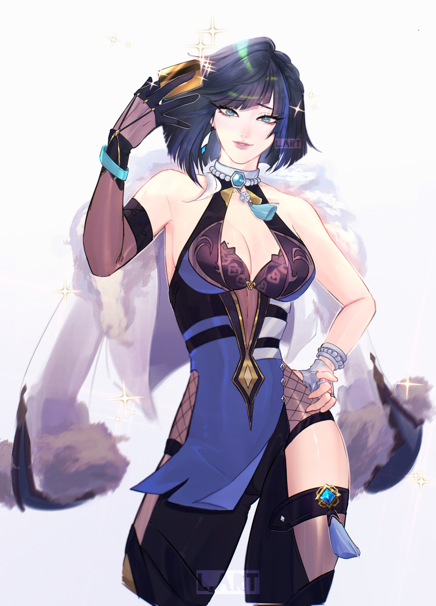 1girl absurdres aqua_eyes arm_up armpit_peek asymmetrical_gloves bangs bare_arms bare_shoulders black_gloves black_pantyhose blue_dress blue_hair blunt_bangs bob_cut bracelet breasts card cleavage cleavage_cutout clothing_cutout contrapposto covered_collarbone cowboy_shot credit_card diagonal_bangs dice dress elbow_gloves english_commentary eyelashes fur-trimmed_jacket fur_trim genshin_impact glint gloves gradient_hair hand_on_hip highres holding holding_card jacket jacket_removed jewelry large_breasts lart_art1 lips long_sleeves looking_at_viewer mismatched_gloves mole mole_on_breast multicolored_hair pantyhose parted_lips pelvic_curtain pendant shiny shiny_hair short_hair simple_background single_elbow_glove smile solo standing tassel thighhighs tsurime vision_(genshin_impact) watermark white_background white_gloves white_jacket yelan_(genshin_impact)