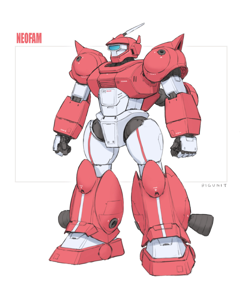 1980s_(style) bigunit cable character_name ginga_hyouryuu_vifam highres machinery mecha neofam no_humans radio_antenna retro_artstyle robot science_fiction sensor shoulder_spikes signature simple_background sketch solo spikes thrusters