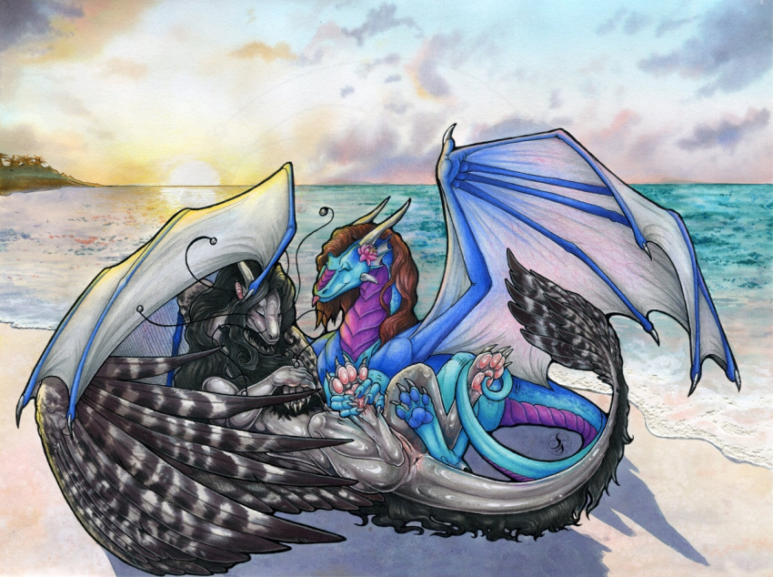 2022 anus beach black_hair blue_pawpads claws day detailed_background dragon duo feathered_dragon feathered_wings feathers female feral genitals grey_body grey_skin hair horn membrane_(anatomy) membranous_wings natoli outside pawpads pink_pawpads purple_body purple_scales pussy sand scales scalie seaside shoreline sky smile traditional_media_(artwork) water western_dragon wings