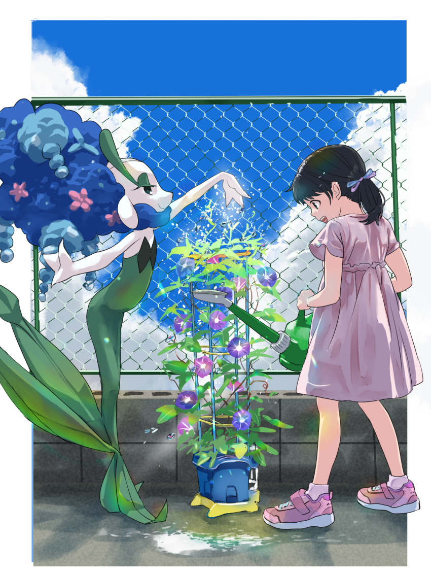 1girl :d black_hair border chain-link_fence cloud commentary_request day dress fence florges flower hair_ribbon highres long_hair open_mouth outdoors plant pokemon pokemon_(creature) purple_dress purple_footwear ribbon rin.rin shoes short_sleeves sky smile sneakers standing summer teeth upper_teeth watering_can white_border