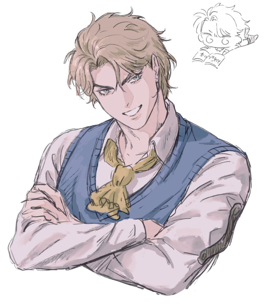 1boy birthmark bishounen blonde_hair chibi chibi_inset dio_brando ear_birthmark green_eyes highres hiro_tadzio28 jojo_no_kimyou_na_bouken phantom_blood smile solo