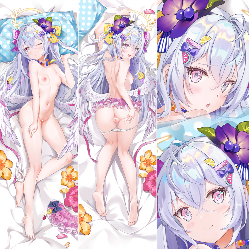 1girl ahoge anus ass azusa_(blue_archive) azusa_(swimsuit)_(blue_archive) bangs bar_censor barefoot bikini bikini_pull blue_archive blue_bow blush bow breasts censored closed_mouth clothes_pull dakimakura_(medium) flower frilled_skirt frills grey_hair hair_between_eyes hair_flower hair_ornament hair_ribbon halo highres long_hair looking_at_viewer lying multiple_views nipples on_back on_stomach one_eye_closed open_mouth parted_lips pink_eyes pink_flower pink_skirt polka_dot_pillow purple_flower pussy ribbon skirt skirt_removed small_breasts smile swimsuit topless very_long_hair white_bikini yellow_flower yutian_alice