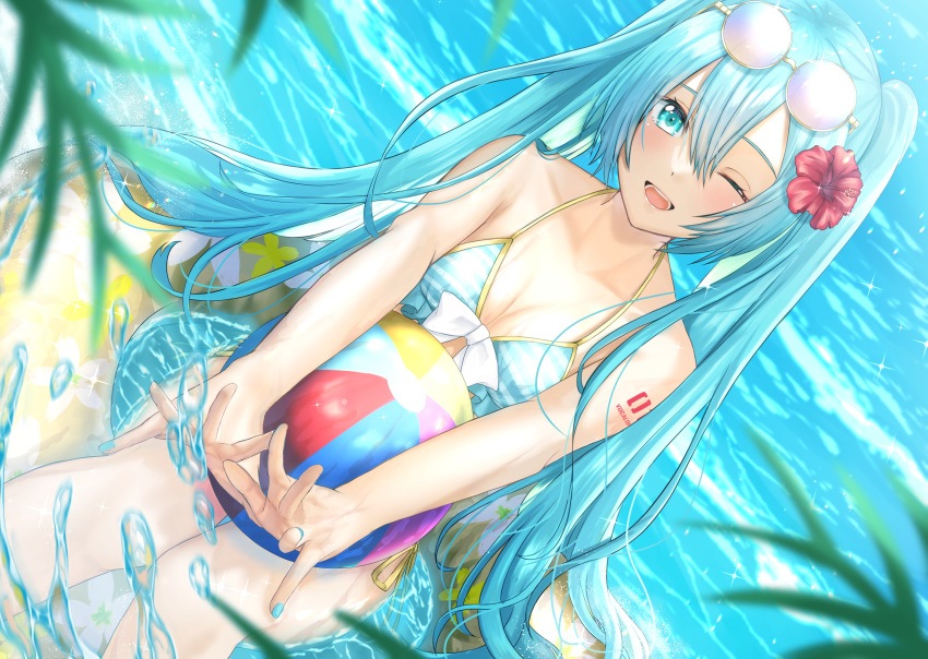 1girl ;d absurdres ball bangs bare_arms bare_legs beachball bikini blue_bikini blue_eyes blue_hair blue_nails blurry blurry_foreground bow breasts cleavage collarbone copyright_name day eyewear_on_head flower front-tie_bikini front-tie_top hair_between_eyes hair_flower hair_ornament hatsune_miku hibiscus highres long_hair looking_at_viewer nail_polish nei_(aduma1120ponpon) number_tattoo one_eye_closed open_mouth outdoors red_flower ribbon round_eyewear shiny shiny_hair shoulder_tattoo side-tie_bikini sitting small_breasts smile solo sparkle striped striped_bikini summer sunglasses swimsuit tattoo very_long_hair vocaloid white_bow yellow_ribbon