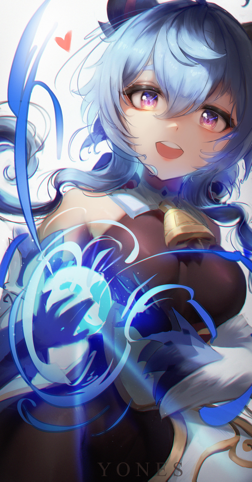 1girl absurdres bangs bare_shoulders bell black_gloves blue_hair breasts detached_sleeves ganyu_(genshin_impact) genshin_impact gloves gold_trim heart highres horns long_hair looking_at_viewer magic medium_breasts neck_bell open_mouth orb purple_eyes smile solo white_sleeves yonesdraws