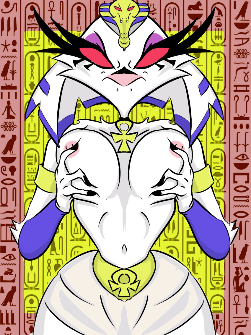 absurd_res animal_crossing ankha_(animal_crossing) anthro aptom7747 areola avian avian_demon beak big_breasts bird breast_grab breasts claws clothed clothing cosplay crossover demon detailed_background egyptian female fur genitals hair hand_on_breast helluva_boss hi_res mammal mature_female nintendo nipples partially_clothed pink_areola pink_nipples pussy red_eyes solo stella_(helluva_boss) video_games white_body white_fur